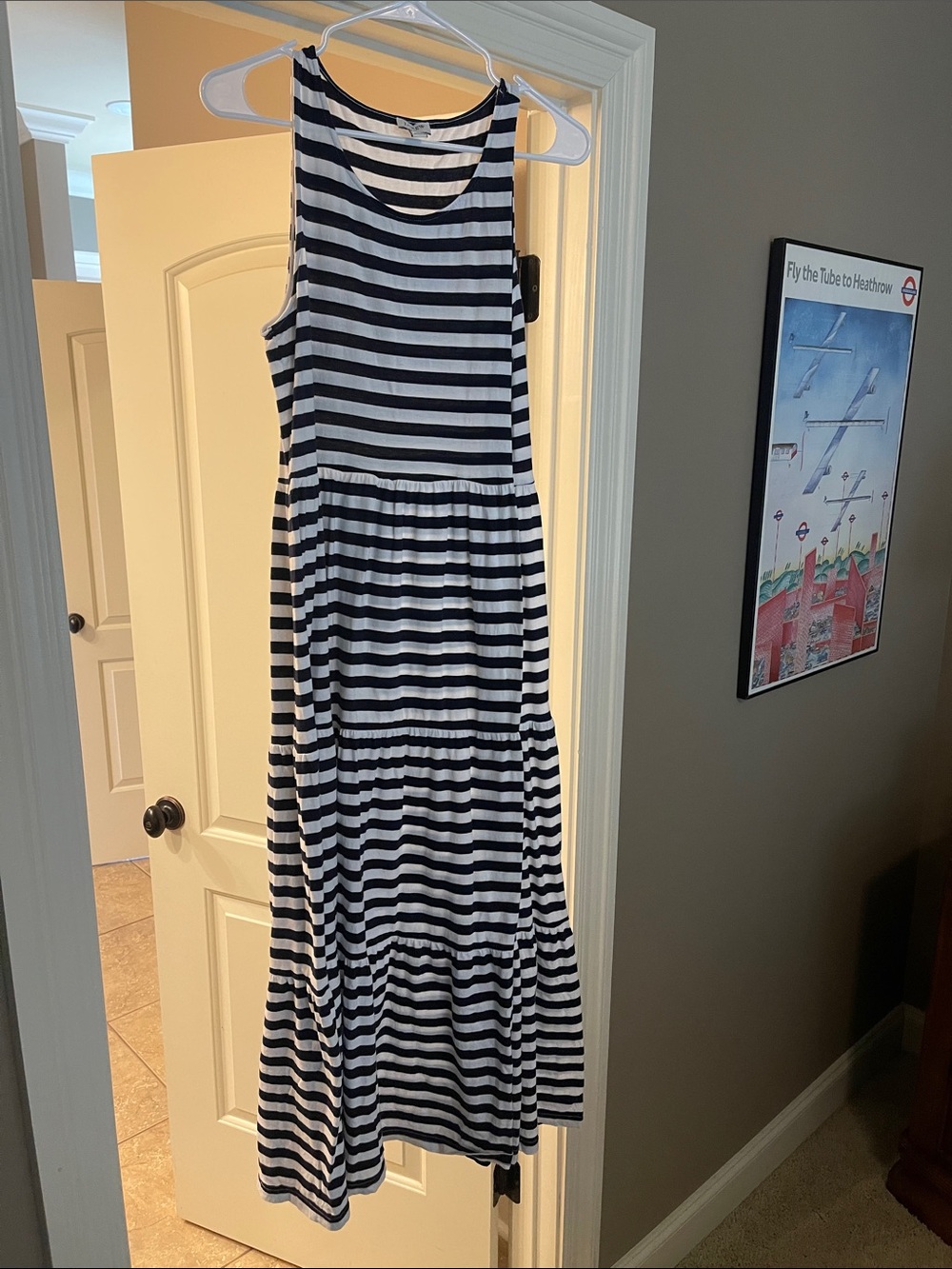 Navy and White Striped Sleeveless Maxi Dress